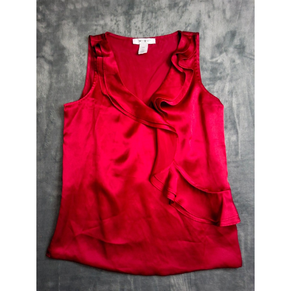 White House Black Market WHBM Red Satin Ruffle V-Neck Sleeveless Blouse XXS